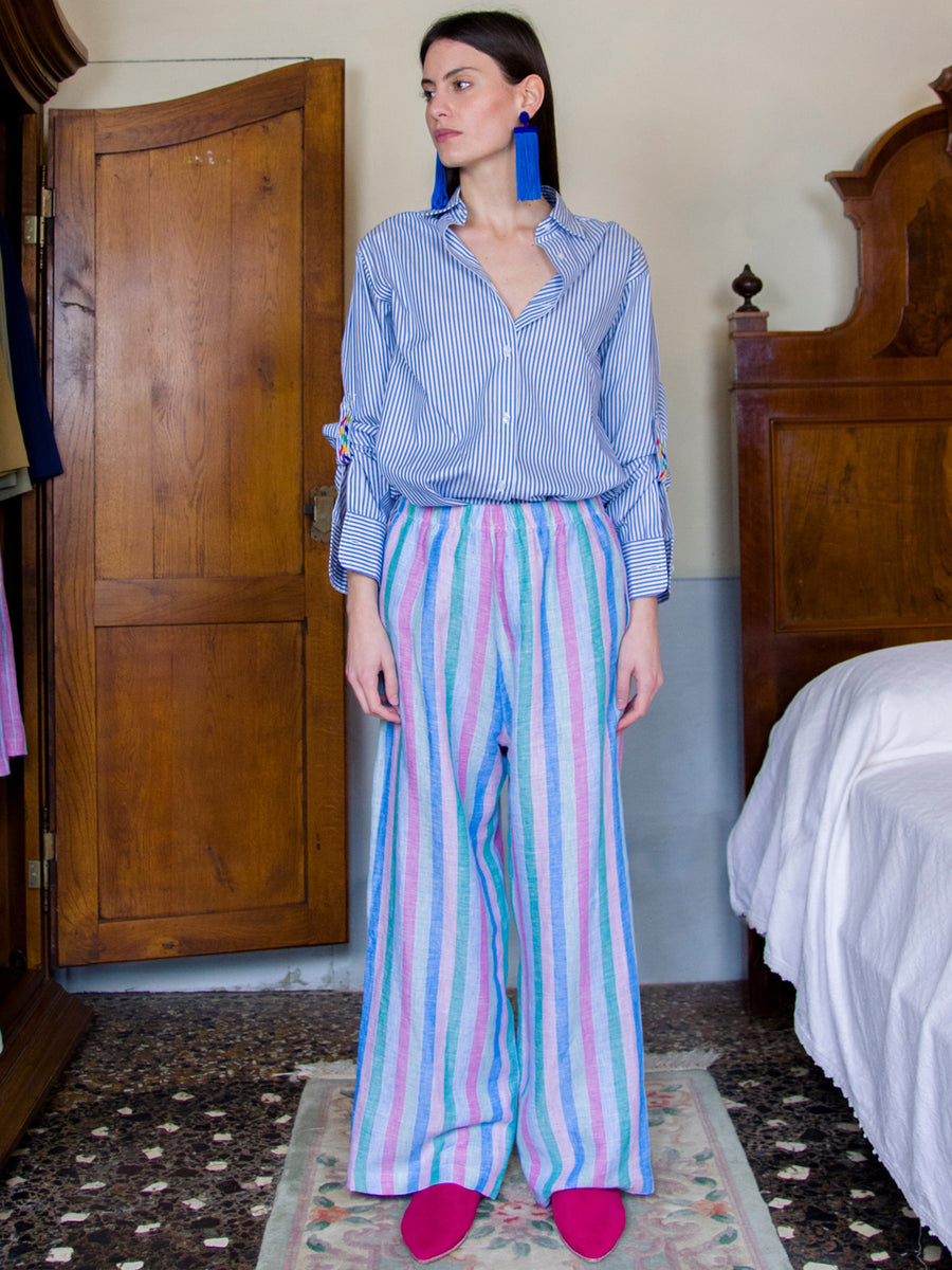 Releve Fashion Filanda n.18 Lisette Multicoloured Loose Cotton Trousers Sustainable Luxury Fashion Conscious Clothing and Accessories Ethical Designer Brand Artisanal Handcrafted Made in Italy Purchase with Purpose Shop for Good