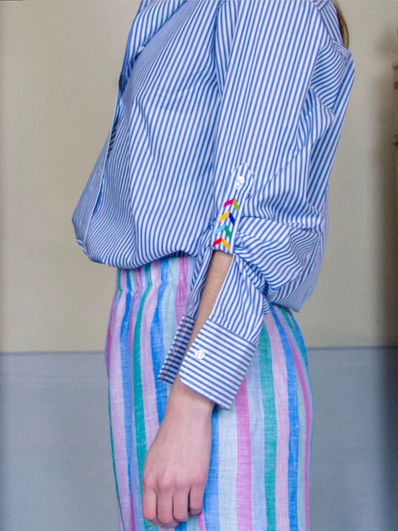 Releve Fashion Filanda n.18 Margilan Blue and White Striped Button Down Dress Shirt Sustainable Luxury Fashion Conscious Clothing and Accessories Ethical Designer Brand Artisanal Handcrafted Made in Italy Purchase with Purpose Shop for Good