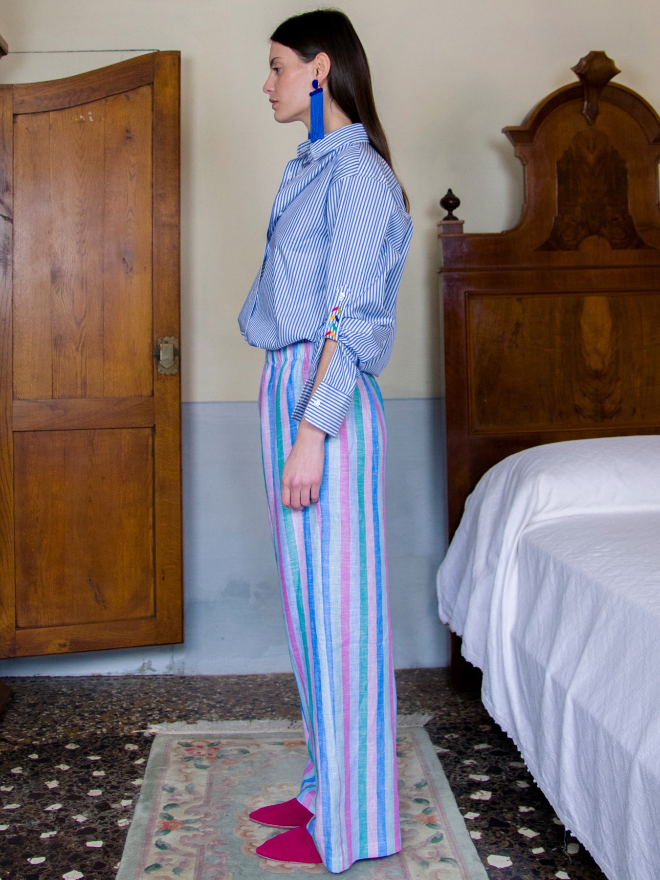 Releve Fashion Filanda n.18 Lisette Multicoloured Loose Cotton Trousers Sustainable Luxury Fashion Conscious Clothing and Accessories Ethical Designer Brand Artisanal Handcrafted Made in Italy Purchase with Purpose Shop for Good