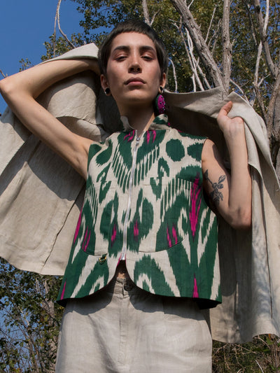 Releve Fashion Filanda n.18 Margilan Green and Beige Ikat Vest Sustainable Luxury Fashion Conscious Clothing and Accessories Ethical Designer Brand Artisanal Handcrafted Made in Italy Purchase with Purpose Shop for Good