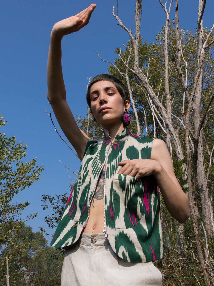 Releve Fashion Filanda n.18 Margilan Green and Beige Ikat Vest Sustainable Luxury Fashion Conscious Clothing and Accessories Ethical Designer Brand Artisanal Handcrafted Made in Italy Purchase with Purpose Shop for Good