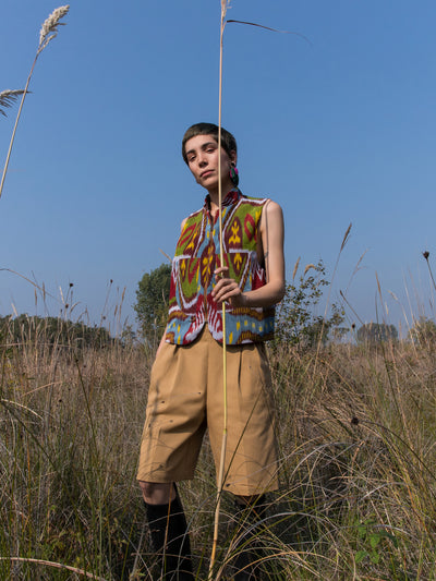 Releve Fashion Filanda n.18 Margilan Multicoloured Ikat Vest Sustainable Luxury Fashion Conscious Clothing and Accessories Ethical Designer Brand Artisanal Handcrafted Made in Italy Purchase with Purpose Shop for Good