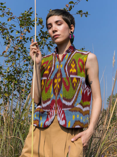Releve Fashion Filanda n.18 Margilan Multicoloured Ikat Vest Sustainable Luxury Fashion Conscious Clothing and Accessories Ethical Designer Brand Artisanal Handcrafted Made in Italy Purchase with Purpose Shop for Good