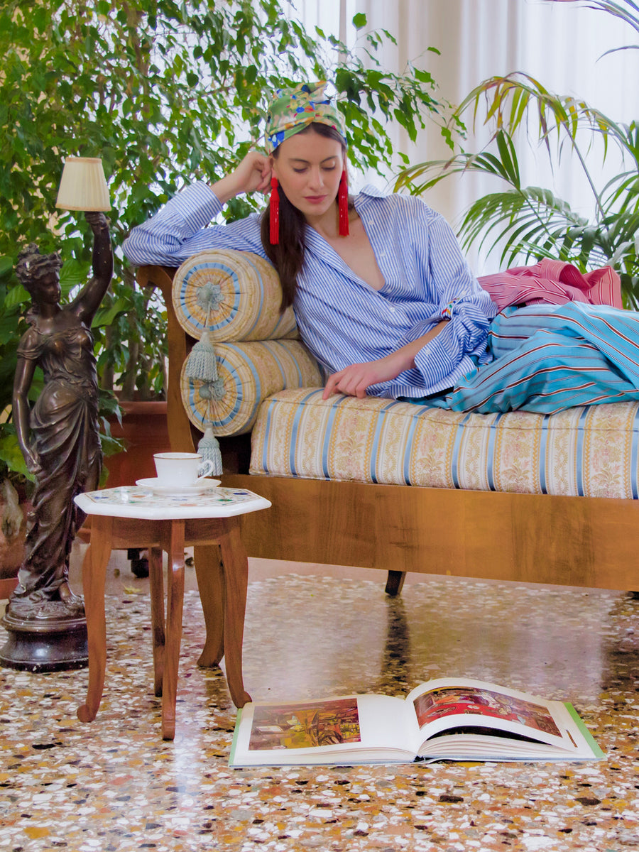 Releve Fashion Filanda n.18 Margilan Blue and White Striped Button Down Dress Shirt Sustainable Luxury Fashion Conscious Clothing and Accessories Ethical Designer Brand Artisanal Handcrafted Made in Italy Purchase with Purpose Shop for Good