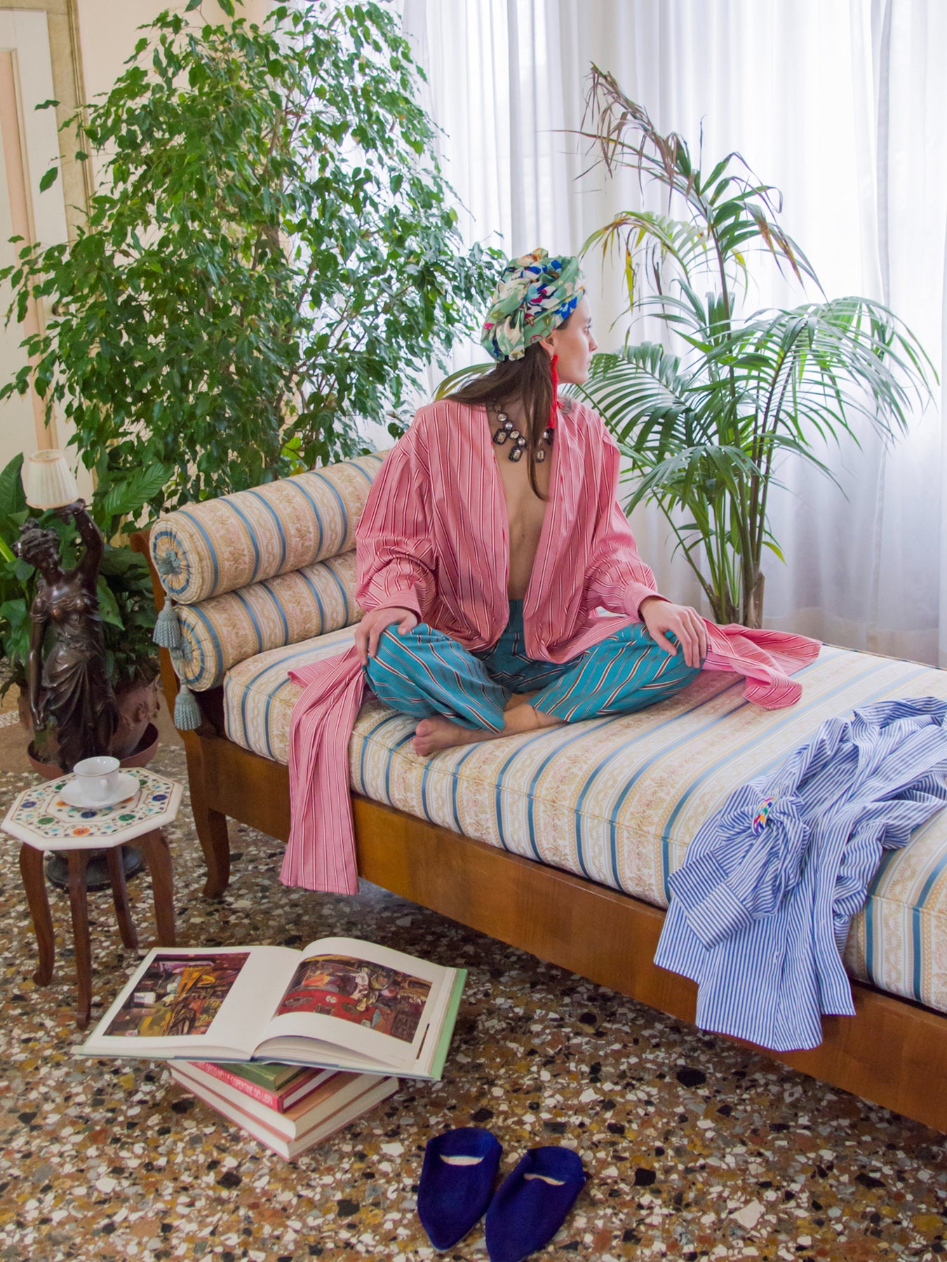 Releve Fashion Filanda n.18 Matisse Turquoise Loose Cotton Trousers Sustainable Luxury Fashion Conscious Clothing and Accessories Ethical Designer Brand Artisanal Handcrafted Made in Italy Purchase with Purpose Shop for Good