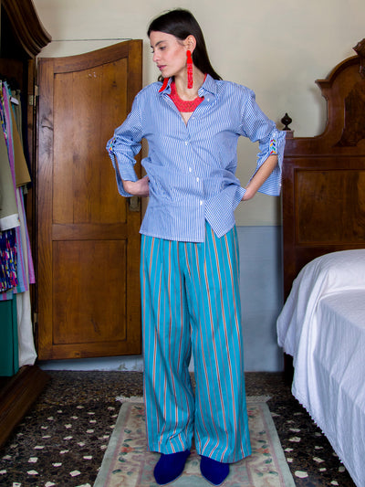Releve Fashion Filanda n.18 Matisse Turquoise Loose Cotton Trousers Sustainable Luxury Fashion Conscious Clothing and Accessories Ethical Designer Brand Artisanal Handcrafted Made in Italy Purchase with Purpose Shop for Good