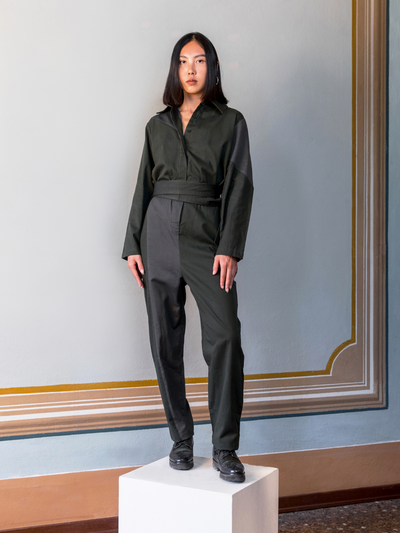 Releve Fashion Filanda n.18 Bauhaus Cotton Jumpsuit Dark Green/ Grey Sustainable Luxury Fashion Conscious Clothing and Accessories Ethical Designer Brand Artisanal Handcrafted Made in Italy Purchase with Purpose Shop for Good