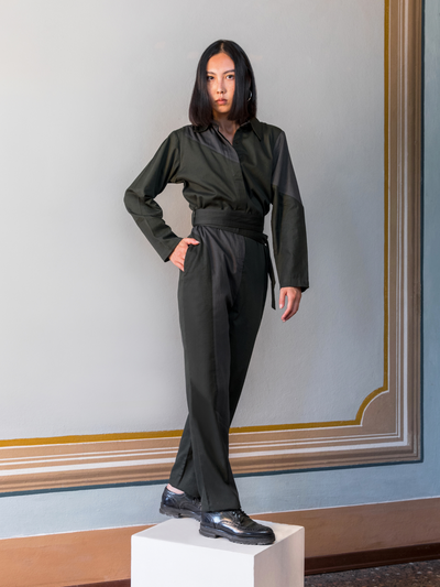 Releve Fashion Filanda n.18 Bauhaus Cotton Jumpsuit Dark Green/ Grey Sustainable Luxury Fashion Conscious Clothing and Accessories Ethical Designer Brand Artisanal Handcrafted Made in Italy Purchase with Purpose Shop for Good