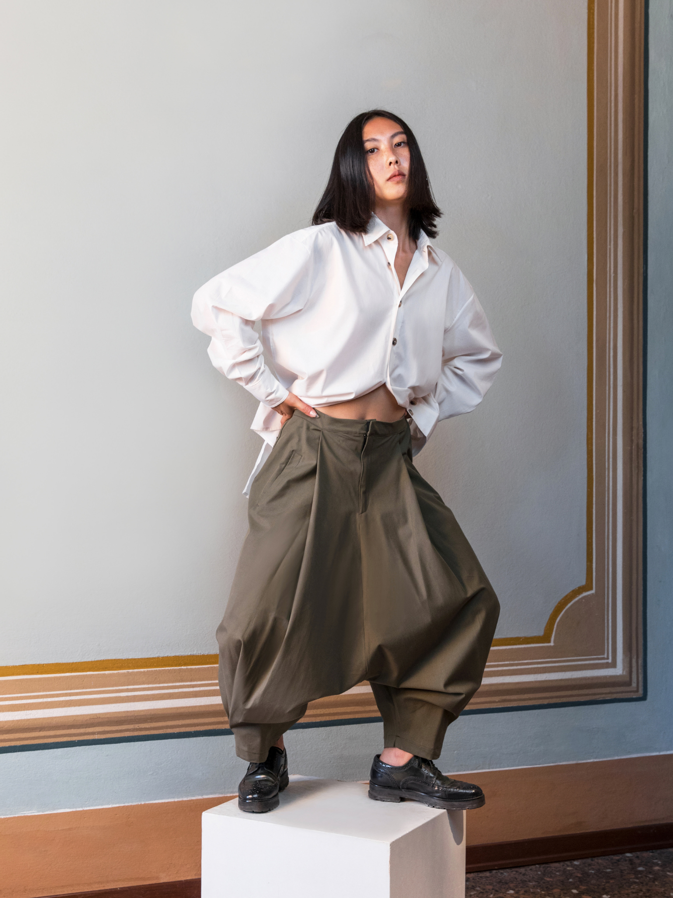 Khaki harem trousers discount