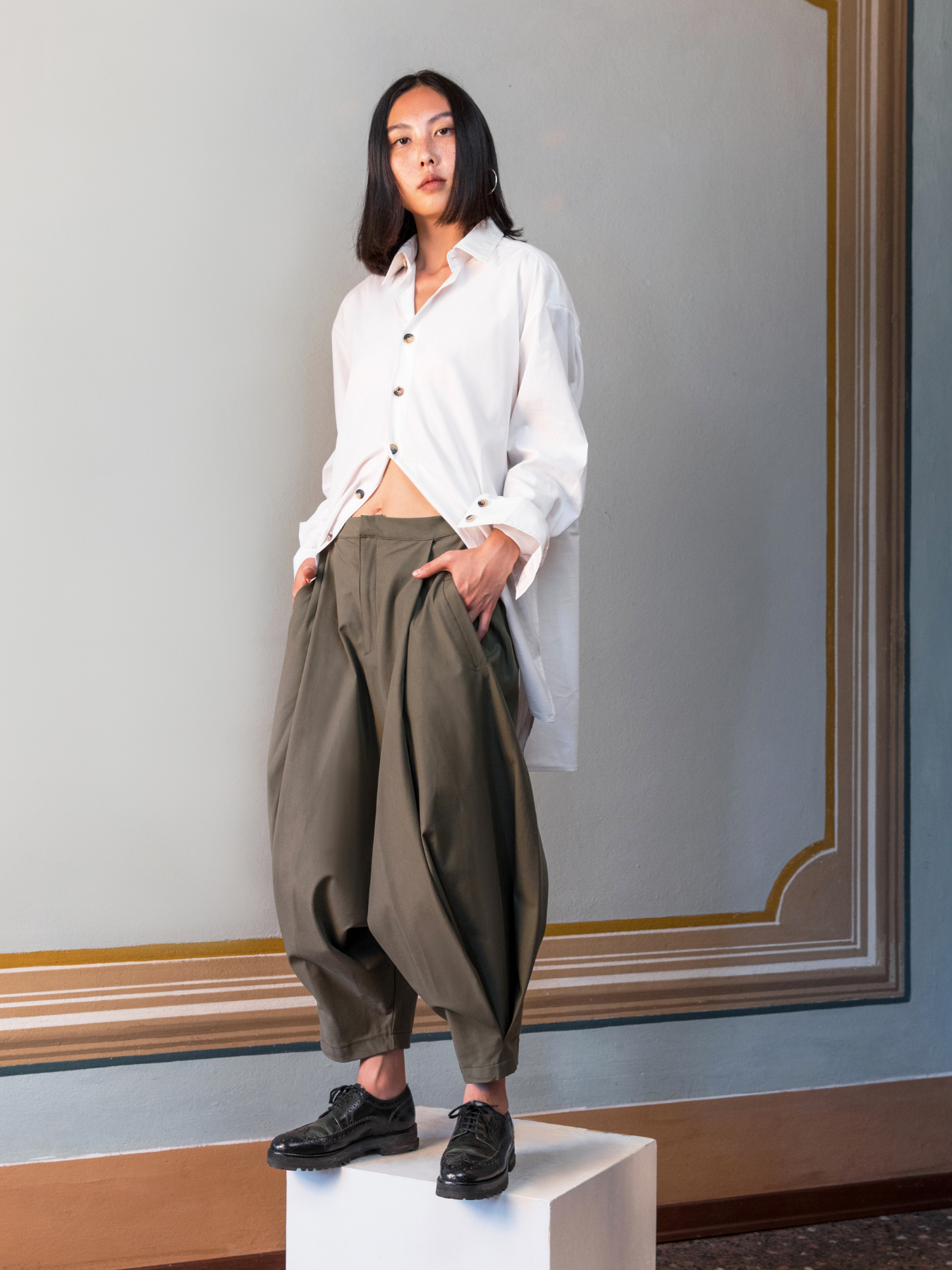 Harem Cotton Trousers, Khaki Green