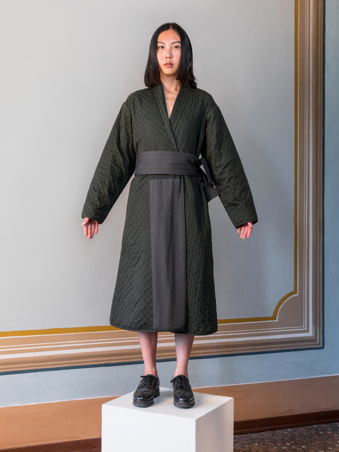 Releve Fashion Filanda n.18 Kantha Hand-Embroidered Coat Dark Green Sustainable Luxury Fashion Conscious Clothing and Accessories Ethical Designer Brand Artisanal Handcrafted Made in Italy Purchase with Purpose Shop for Good