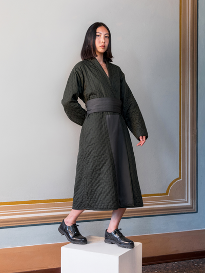 Releve Fashion Filanda n.18 Kantha Hand-Embroidered Coat Dark Green Sustainable Luxury Fashion Conscious Clothing and Accessories Ethical Designer Brand Artisanal Handcrafted Made in Italy Purchase with Purpose Shop for Good