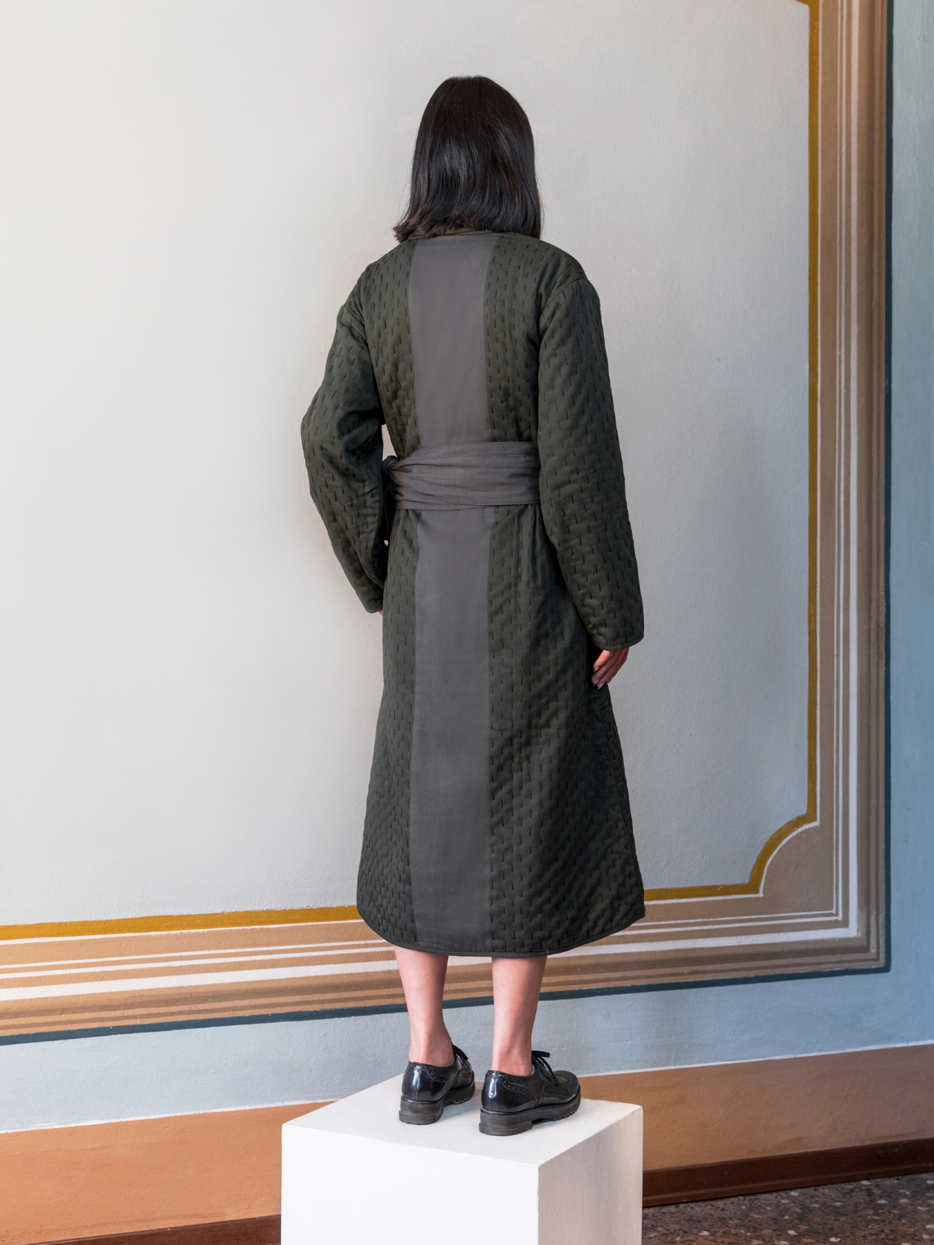 Releve Fashion Filanda n.18 Kantha Hand-Embroidered Coat Dark Green Sustainable Luxury Fashion Conscious Clothing and Accessories Ethical Designer Brand Artisanal Handcrafted Made in Italy Purchase with Purpose Shop for Good