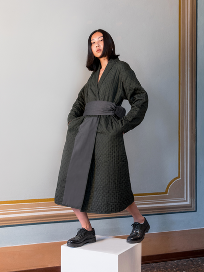 Releve Fashion Filanda n.18 Kantha Hand-Embroidered Coat Dark Green Sustainable Luxury Fashion Conscious Clothing and Accessories Ethical Designer Brand Artisanal Handcrafted Made in Italy Purchase with Purpose Shop for Good