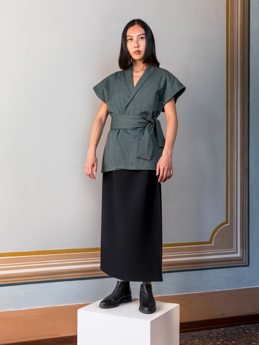 Releve Fashion Filanda n.18 Kantha Hand-Embroidered Jacket Green Sustainable Luxury Fashion Conscious Clothing and Accessories Ethical Designer Brand Artisanal Handcrafted Made in Italy Purchase with Purpose Shop for Good