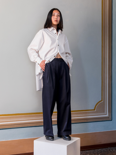 Releve Fashion Filanda n.18 Terrangi Wide-Leg Trouser Navy Sustainable Luxury Fashion Conscious Clothing and Accessories Ethical Designer Brand Artisanal Handcrafted Made in Italy Purchase with Purpose Shop for Good