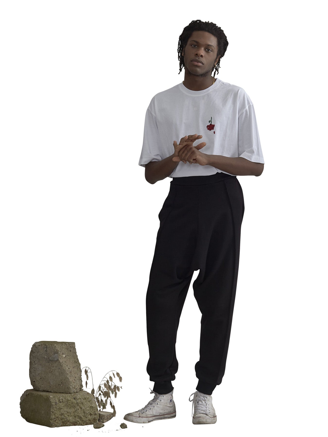 Releve Fashion Harem London White Rose Cotton T-Shirt Unisex Sustainable Streetwear Style Conscious Clothing Ethical Fashion Designer Brand Handmade Purchase with Purpose Shop for Good