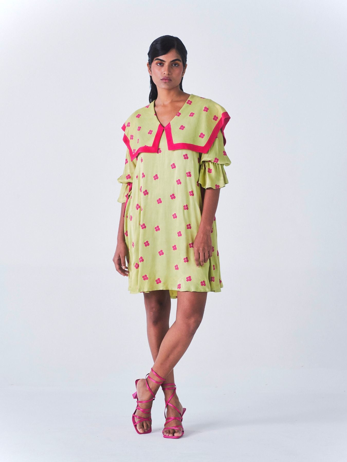 Releve Fashion Little Things Studio Chamba Collared Mini Dress Green Hot Pink Floral Print Ethical Luxury Brand Sustainable Jewelry Conscious Fashion Purchase with Purpose Shop for Good
