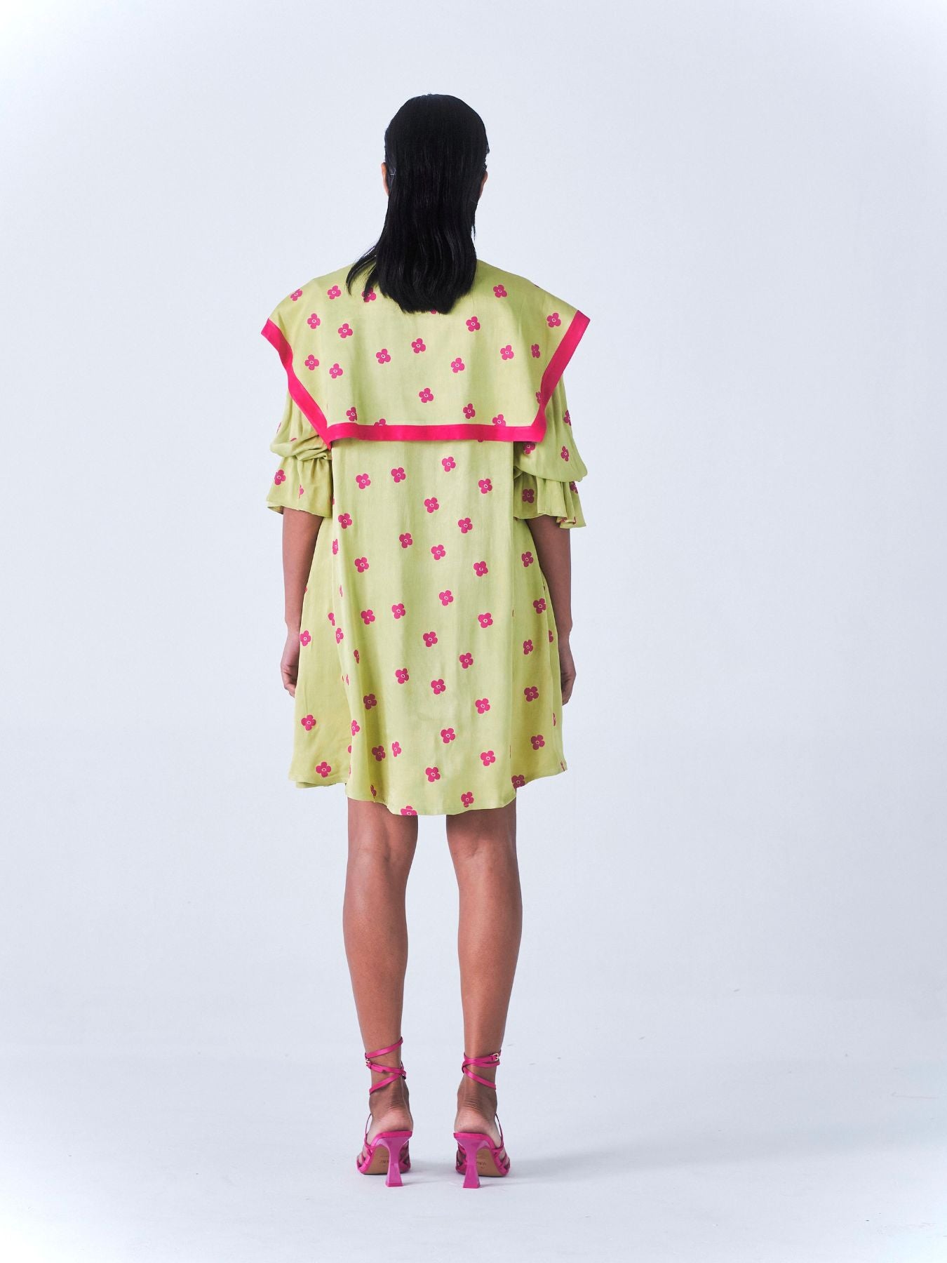 Releve Fashion Little Things Studio Chamba Collared Mini Dress Green Hot Pink Floral Print Ethical Luxury Brand Sustainable Jewelry Conscious Fashion Purchase with Purpose Shop for Good