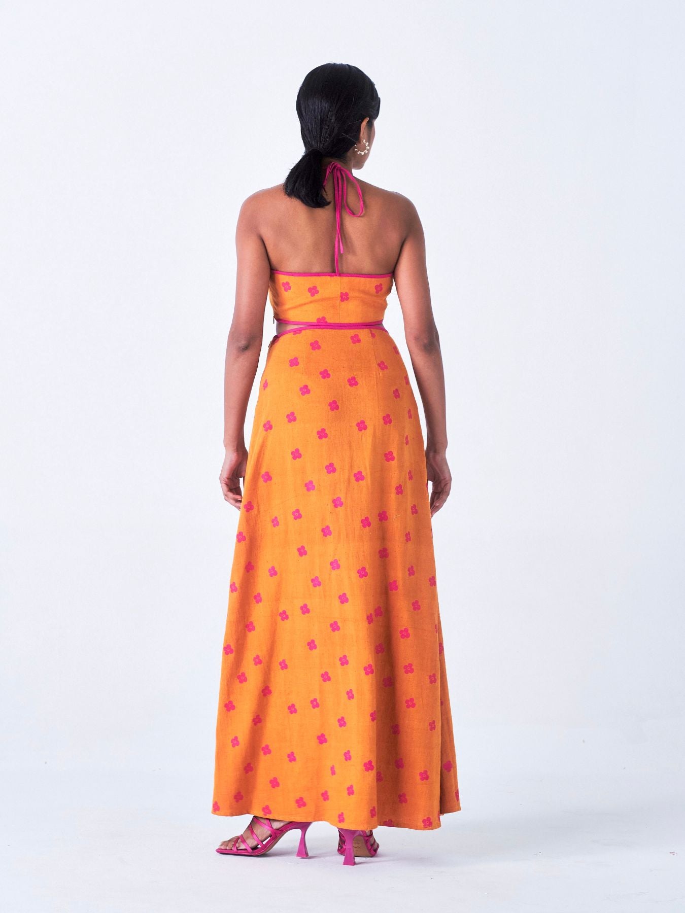 Releve Fashion Little Things Studio Aboli Cutout Halter Dress Orange and Pink Floral Print Sustainable Luxury Fashion Conscious Clothing Ethical Designer Brand Artisanal Handcrafted Purchase with Purpose Shop for Good