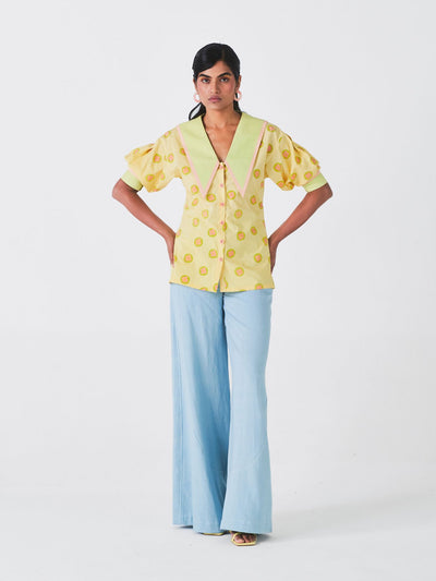 Releve Fashion Little Things Studio Amaltas Collared Button Down Top Yellow Floral and Polka Dot Print Sustainable Luxury Fashion Conscious Clothing Ethical Designer Brand Artisanal Handcrafted Purchase with Purpose Shop for Good