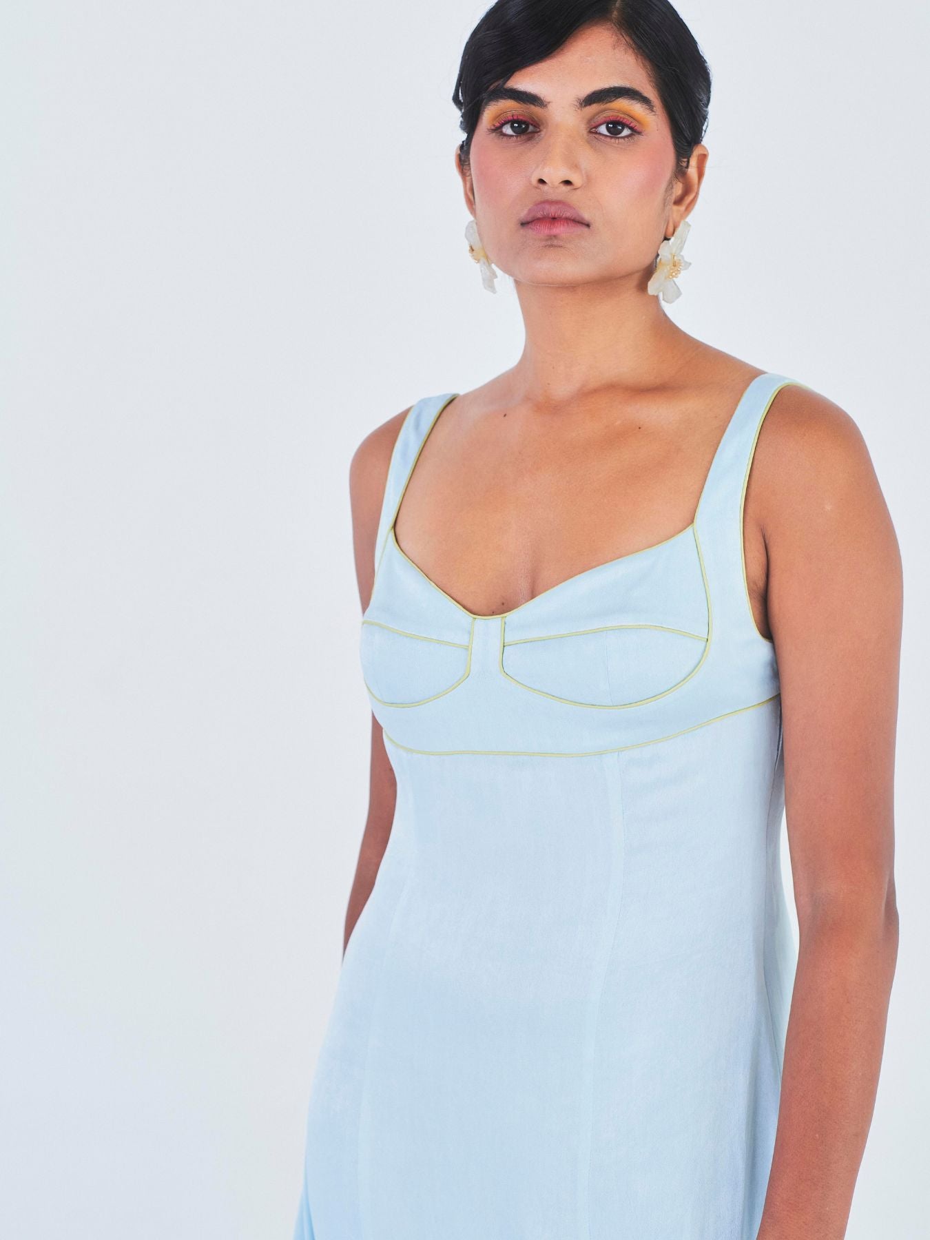 Releve Fashion Little Things Studio Chandni Orange Fibre Fabric Dress in Powder Blue Ethical Luxury Brand Sustainable Jewelry Conscious Fashion Purchase with Purpose Shop for Good