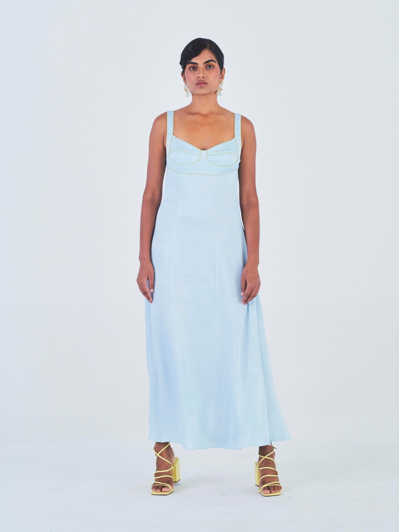 Releve Fashion Little Things Studio Chandni Orange Fibre Fabric Dress in Powder Blue Ethical Luxury Brand Sustainable Jewelry Conscious Fashion Purchase with Purpose Shop for Good