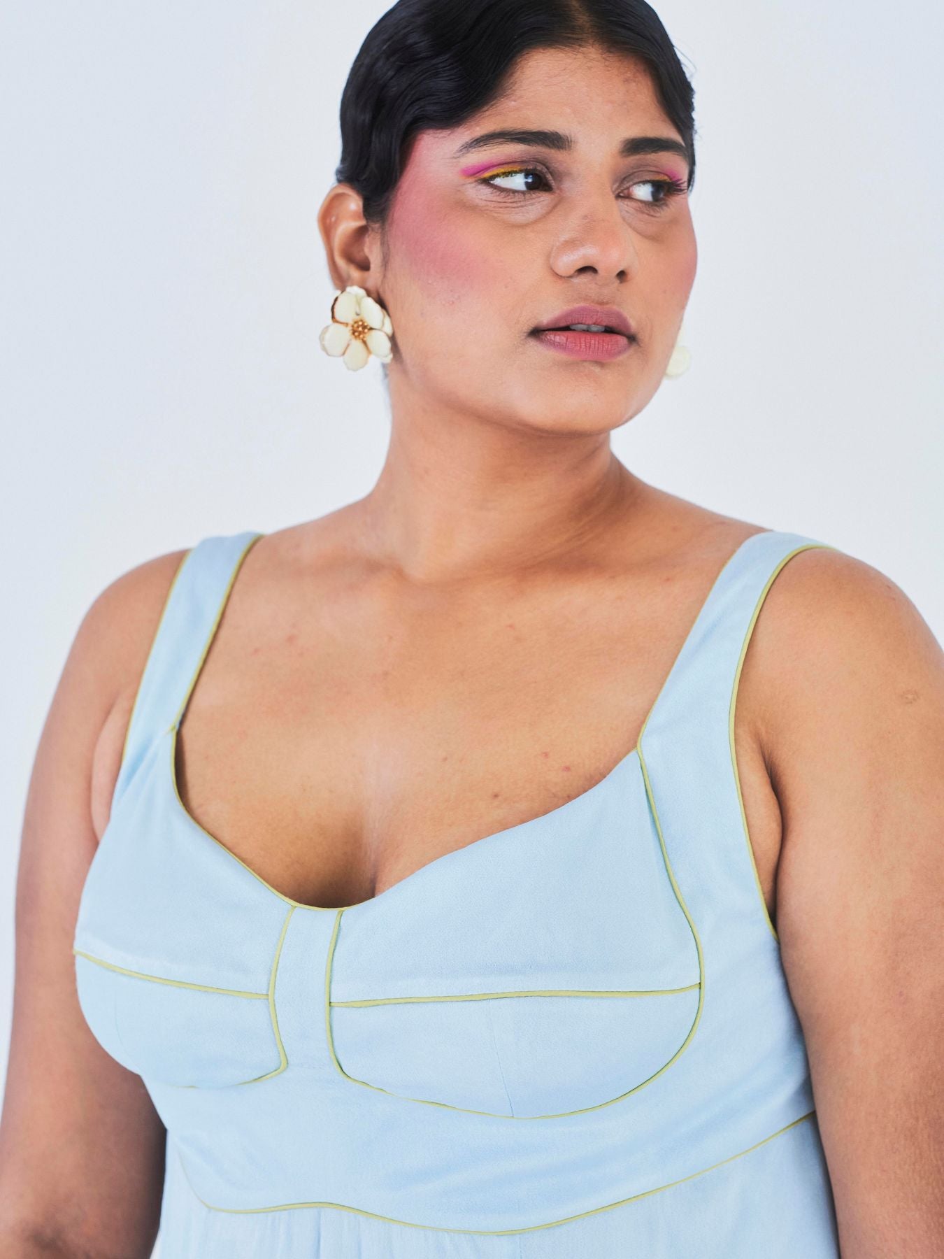 Releve Fashion Little Things Studio Chandni Orange Fibre Fabric Dress in Powder Blue Ethical Luxury Brand Sustainable Jewelry Conscious Fashion Purchase with Purpose Shop for Good