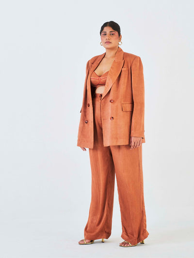 Releve Fashion Little Things Studio Chiku Orange Fibre Fabric Trouser Suit in Brown Ethical Luxury Brand Sustainable Clothing Conscious Fashion Purchase with Purpose Shop for Good