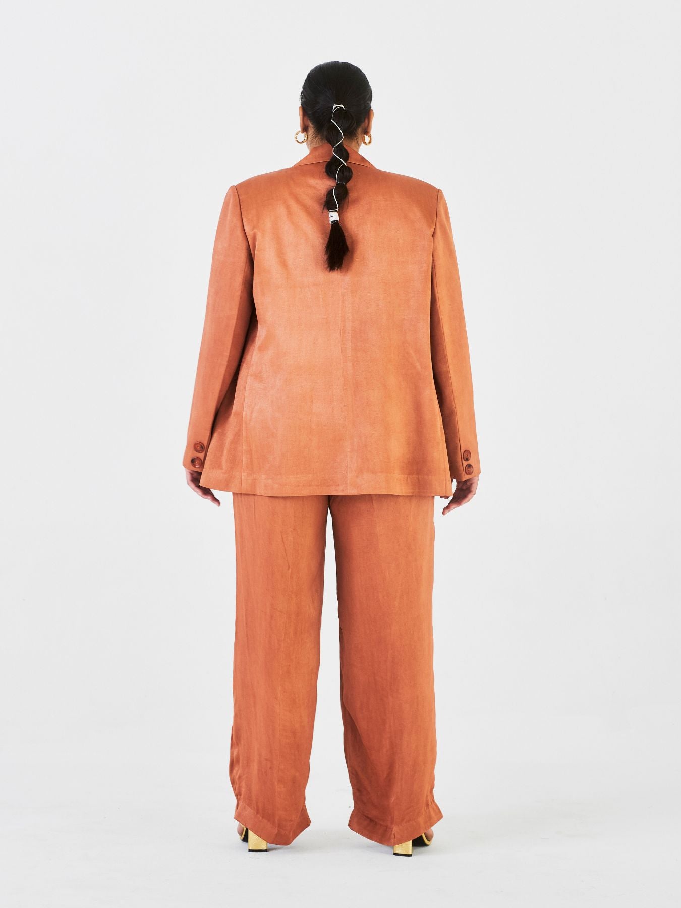 Releve Fashion Little Things Studio Chiku Orange Fibre Fabric Trouser Suit in Brown Ethical Luxury Brand Sustainable Clothing Conscious Fashion Purchase with Purpose Shop for Good