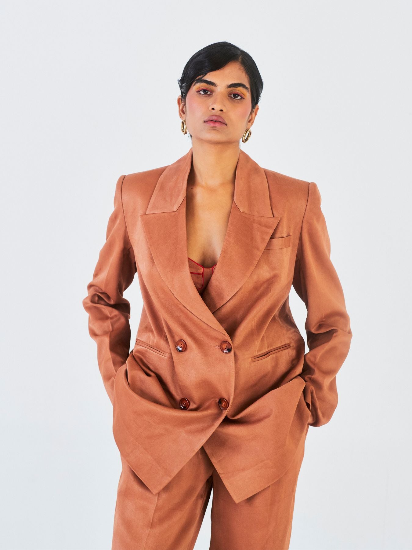 Releve Fashion Little Things Studio Chiku Orange Fibre Fabric Trouser Suit in Brown Ethical Luxury Brand Sustainable Clothing Conscious Fashion Purchase with Purpose Shop for Good
