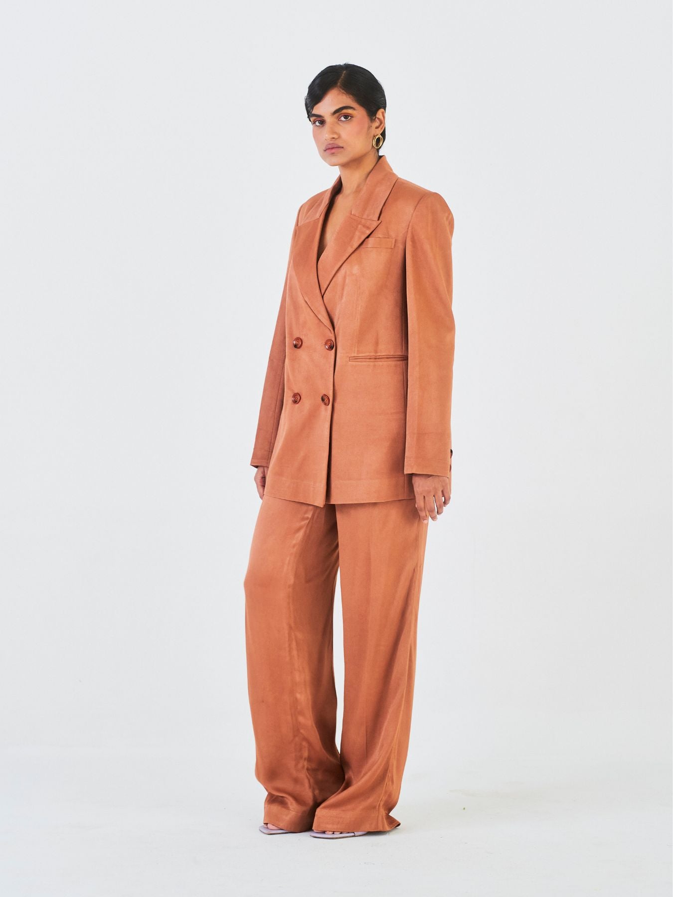Releve Fashion Little Things Studio Chiku Orange Fibre Fabric Trouser Suit in Brown Ethical Luxury Brand Sustainable Clothing Conscious Fashion Purchase with Purpose Shop for Good
