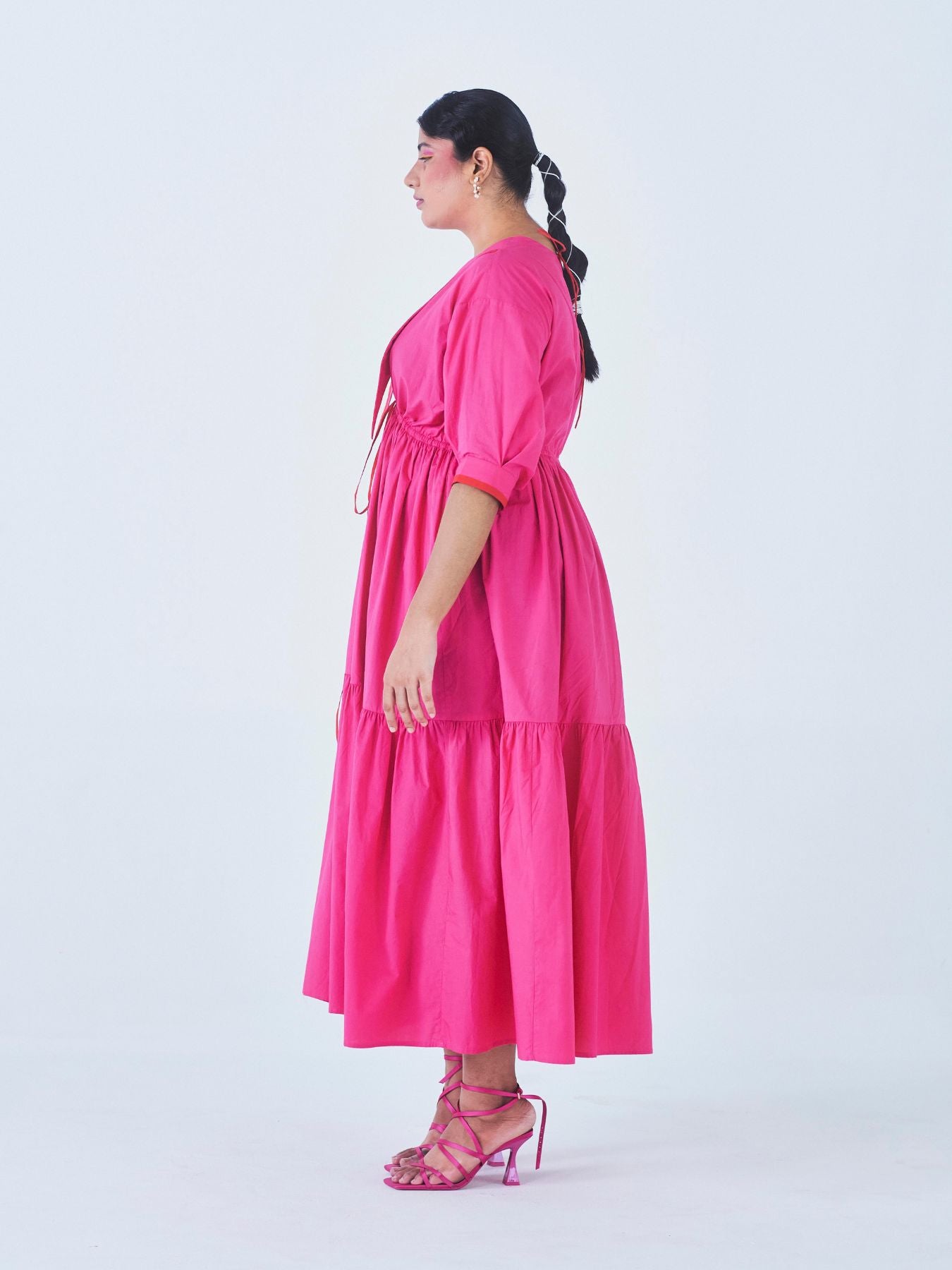 Releve Fashion Little Things Studio Dahlia Tiered Collared Dress in Hot Pink Ethical Luxury Brand Sustainable Jewelry Conscious Fashion Purchase with Purpose Shop for Good