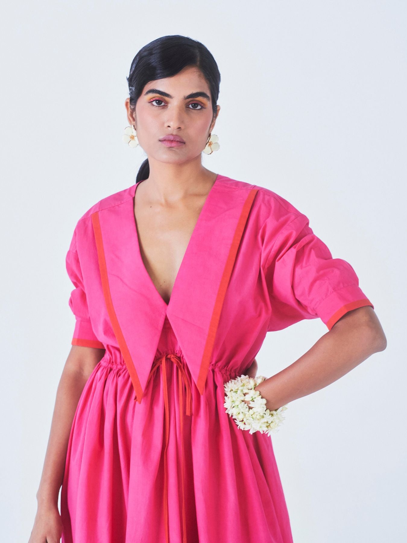 Releve Fashion Little Things Studio Dahlia Tiered Collared Dress in Hot Pink Ethical Luxury Brand Sustainable Jewelry Conscious Fashion Purchase with Purpose Shop for Good