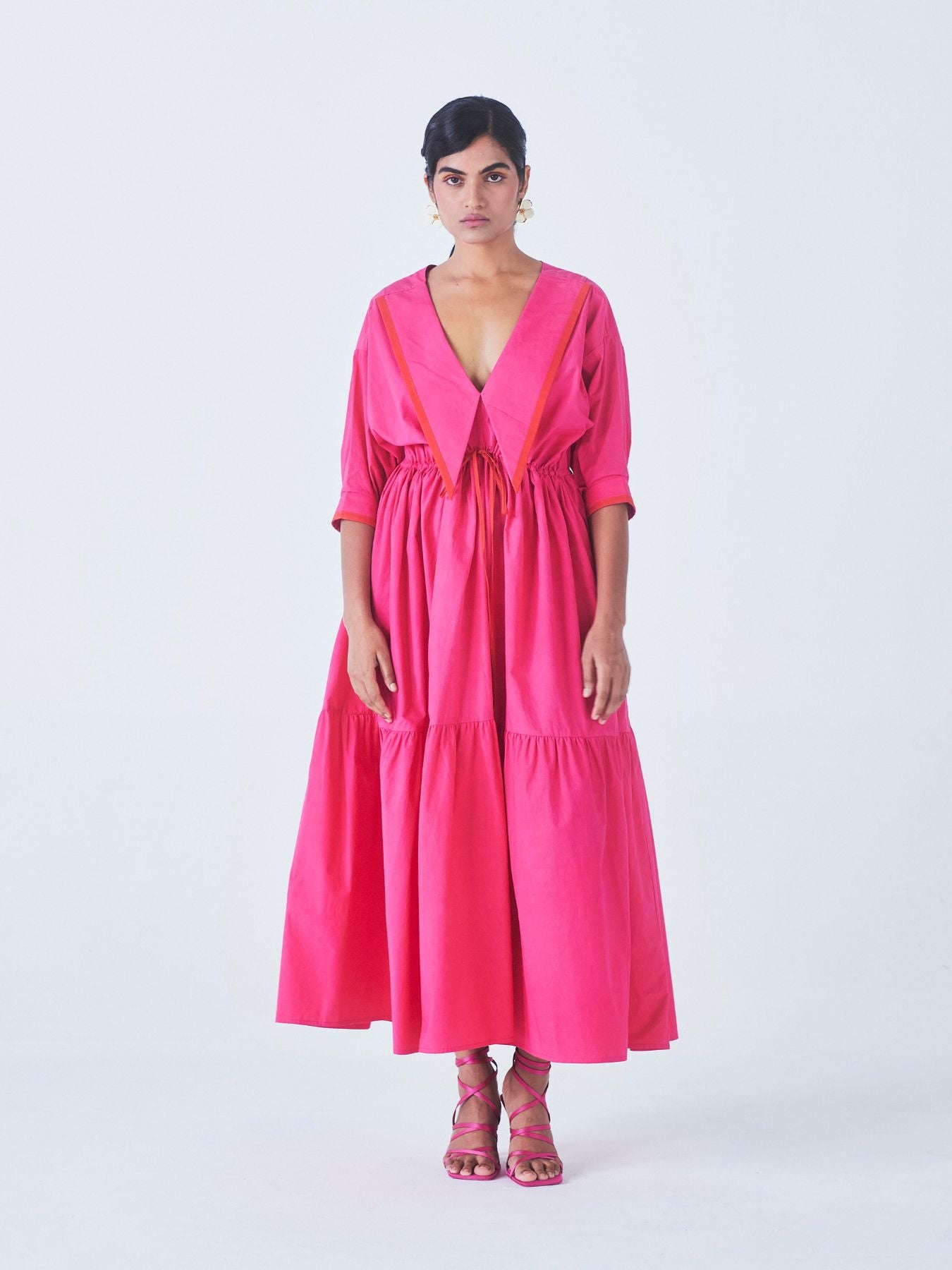 Releve Fashion Little Things Studio Dahlia Tiered Collared Dress in Hot Pink Ethical Luxury Brand Sustainable Jewelry Conscious Fashion Purchase with Purpose Shop for Good
