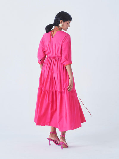 Releve Fashion Little Things Studio Dahlia Tiered Collared Dress in Hot Pink Ethical Luxury Brand Sustainable Jewelry Conscious Fashion Purchase with Purpose Shop for Good