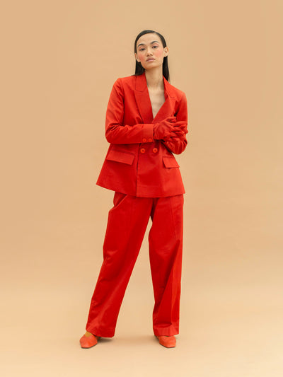 Releve Fashion Abyss Loose Fit Trousers in Blood Orange Sustainable Luxury Fashion Conscious Clothing Ethical Designer Brand Artisanal Handcrafted Purchase with Purpose Shop for Good