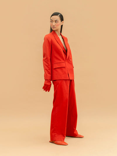 Releve Fashion Abyss Loose Fit Trousers in Blood Orange Sustainable Luxury Fashion Conscious Clothing Ethical Designer Brand Artisanal Handcrafted Purchase with Purpose Shop for Good