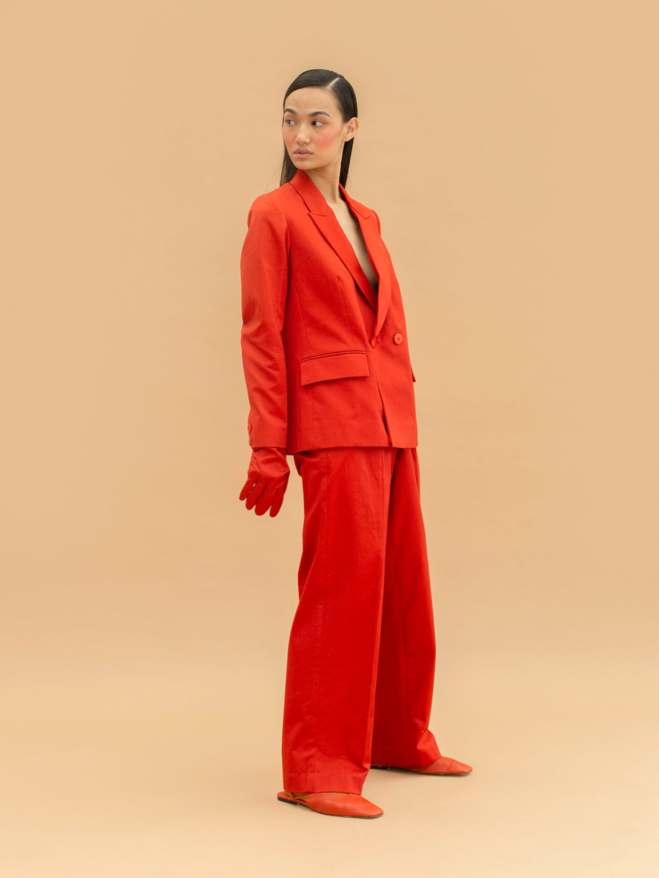 Releve Fashion Abyss Double Breasted Suit Jacket in Blood Orange Sustainable Luxury Fashion Conscious Clothing Ethical Designer Brand Artisanal Handcrafted Purchase with Purpose Shop for Good
