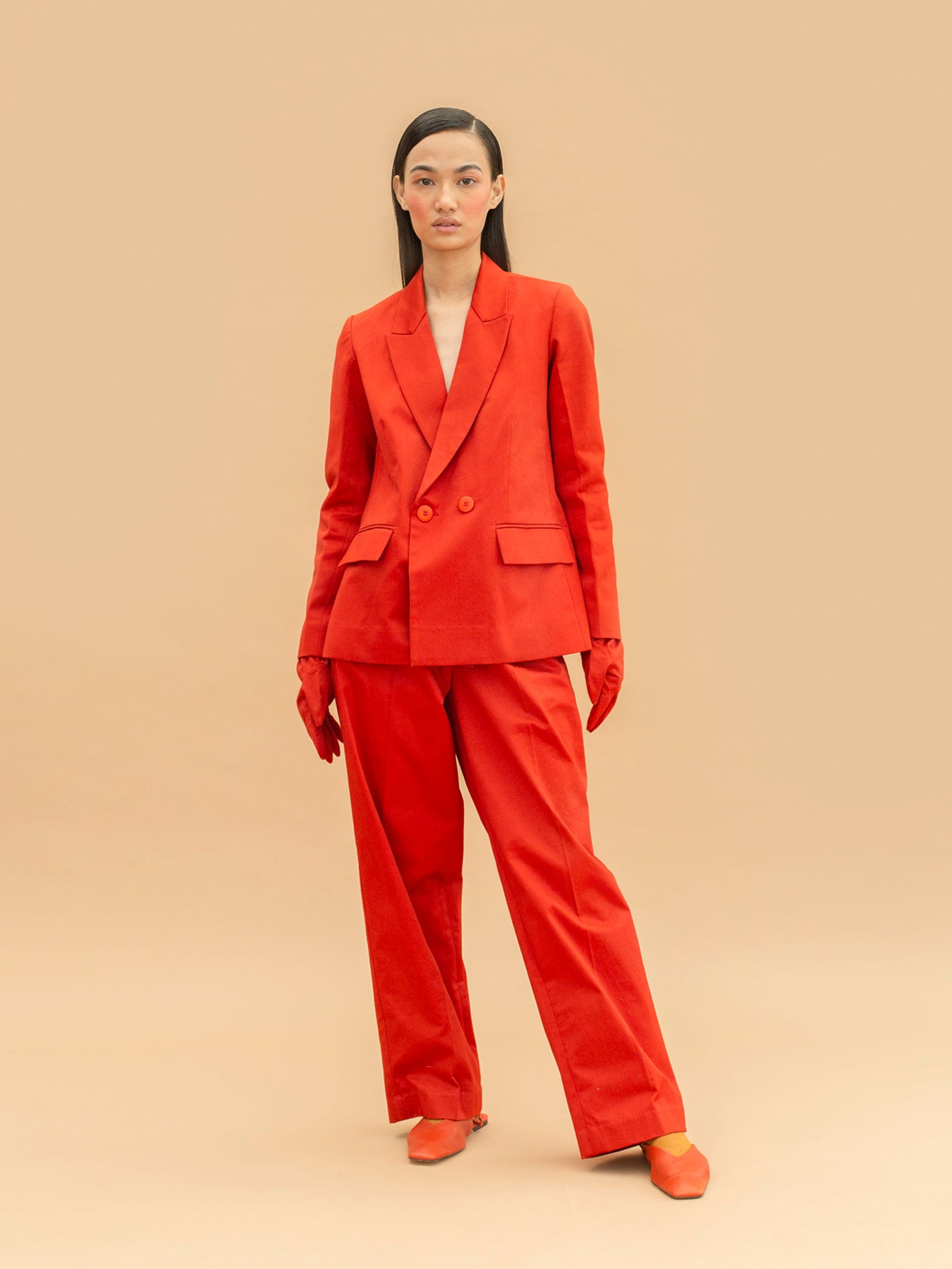 Releve Fashion Abyss Double Breasted Suit Jacket in Blood Orange Sustainable Luxury Fashion Conscious Clothing Ethical Designer Brand Artisanal Handcrafted Purchase with Purpose Shop for Good