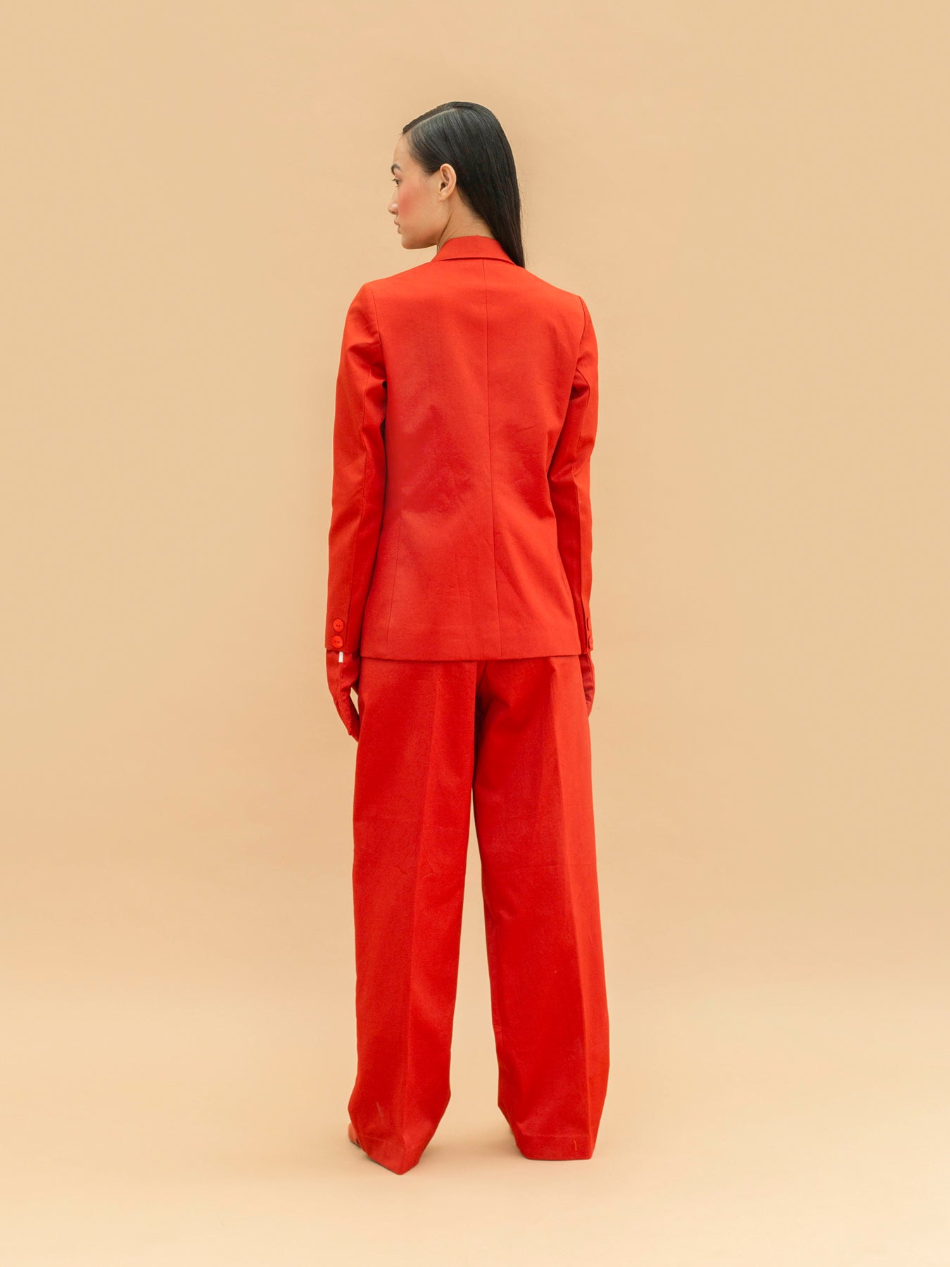 Releve Fashion Abyss Double Breasted Suit Jacket in Blood Orange Sustainable Luxury Fashion Conscious Clothing Ethical Designer Brand Artisanal Handcrafted Purchase with Purpose Shop for Good