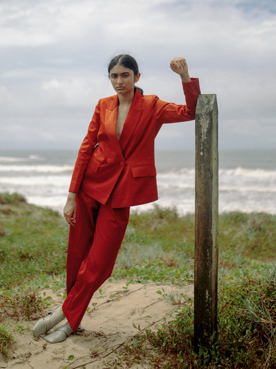 Releve Fashion Abyss Loose Fit Trousers in Blood Orange Sustainable Luxury Fashion Conscious Clothing Ethical Designer Brand Artisanal Handcrafted Purchase with Purpose Shop for Good