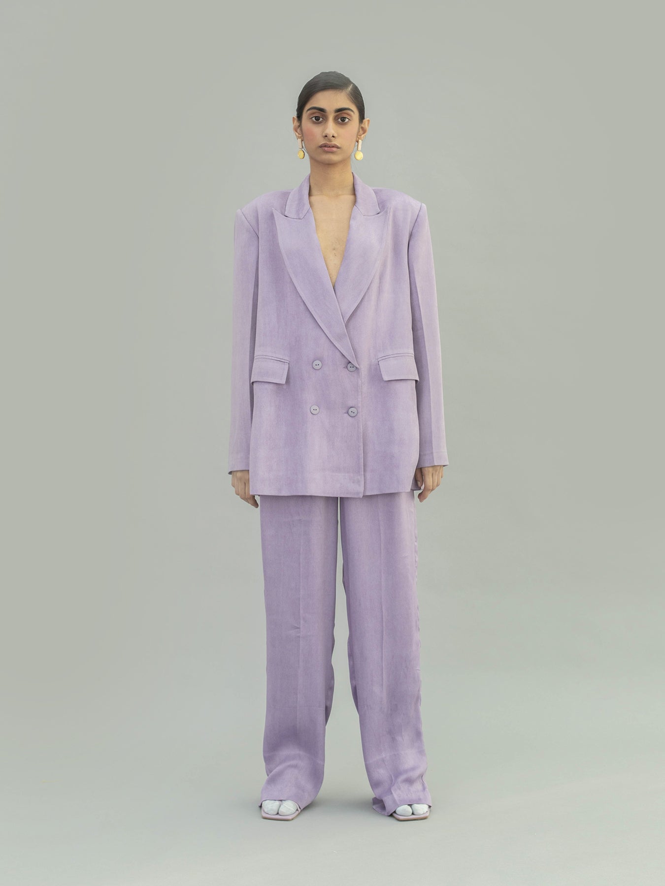 Releve Fashion Narwhal Orange Fibre Fabric Loose Fit Trousers in Lilac Sustainable Luxury Fashion Conscious Clothing Ethical Designer Brand Artisanal Handcrafted Purchase with Purpose Shop for Good