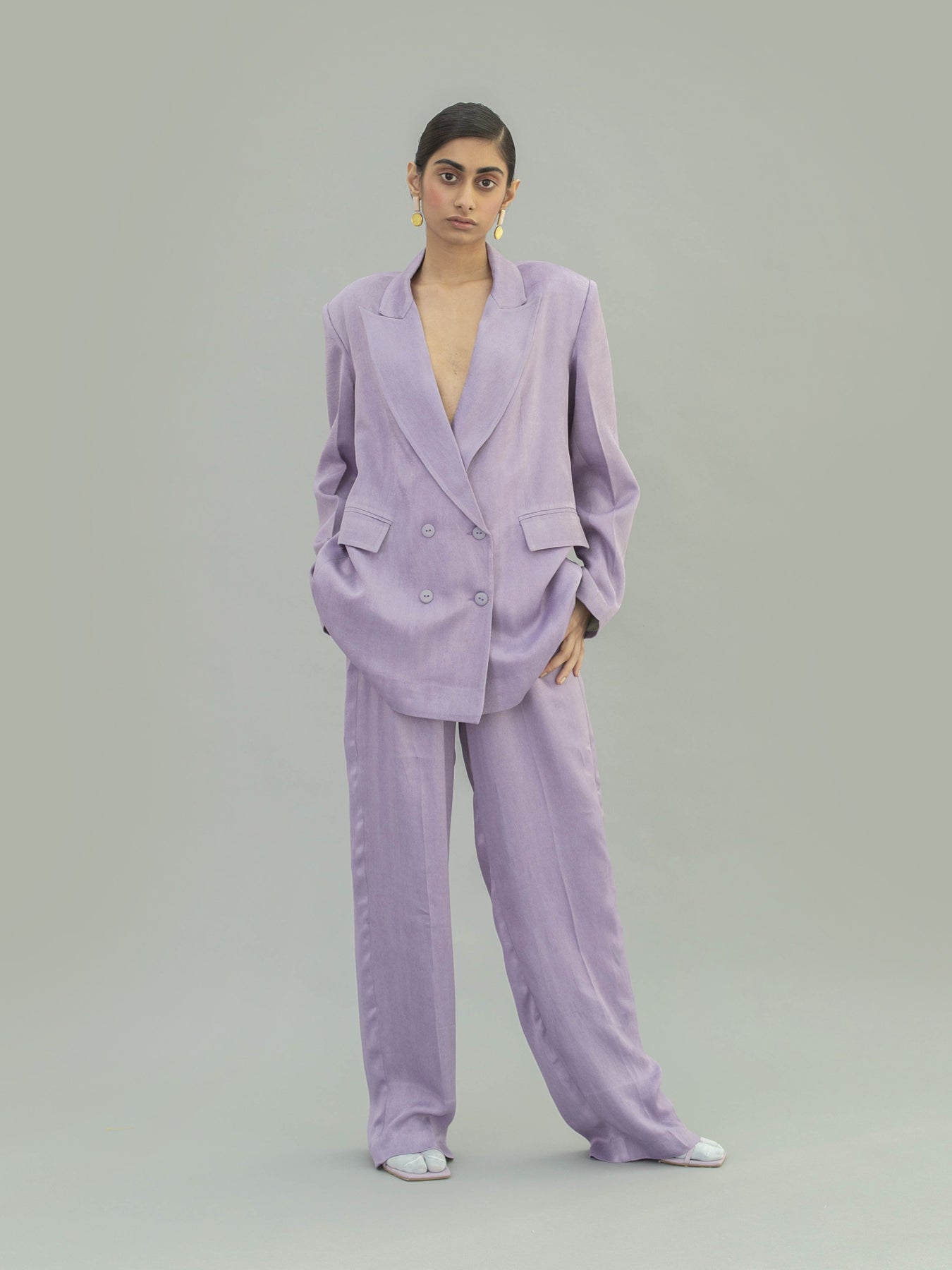 Releve Fashion Narwhal Orange Fibre Fabric Double Breasted Suit Jacket in Lilac Sustainable Luxury Fashion Conscious Clothing Ethical Designer Brand Artisanal Handcrafted Purchase with Purpose Shop for Good