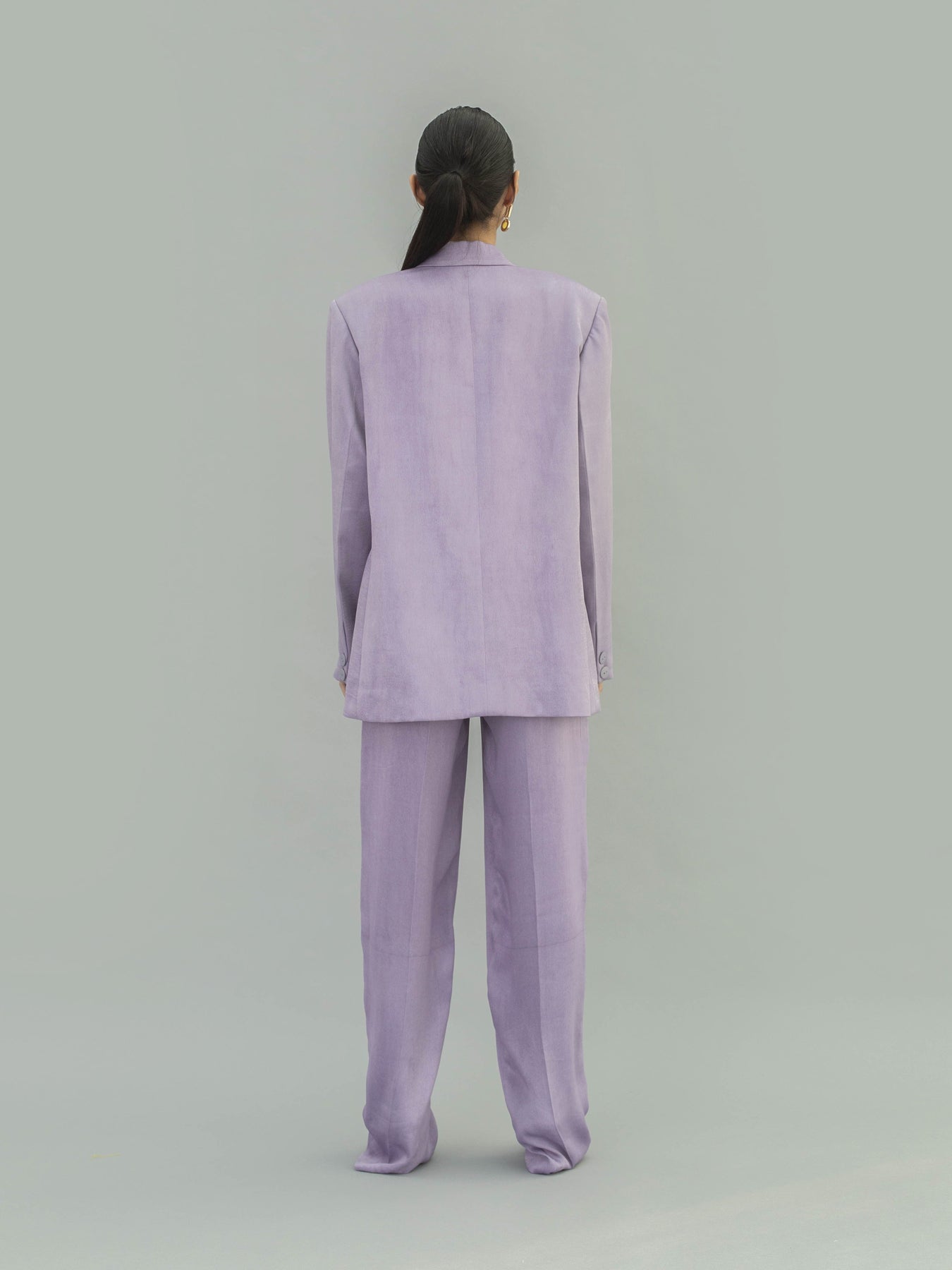 Releve Fashion Narwhal Orange Fibre Fabric Loose Fit Trousers in Lilac Sustainable Luxury Fashion Conscious Clothing Ethical Designer Brand Artisanal Handcrafted Purchase with Purpose Shop for Good
