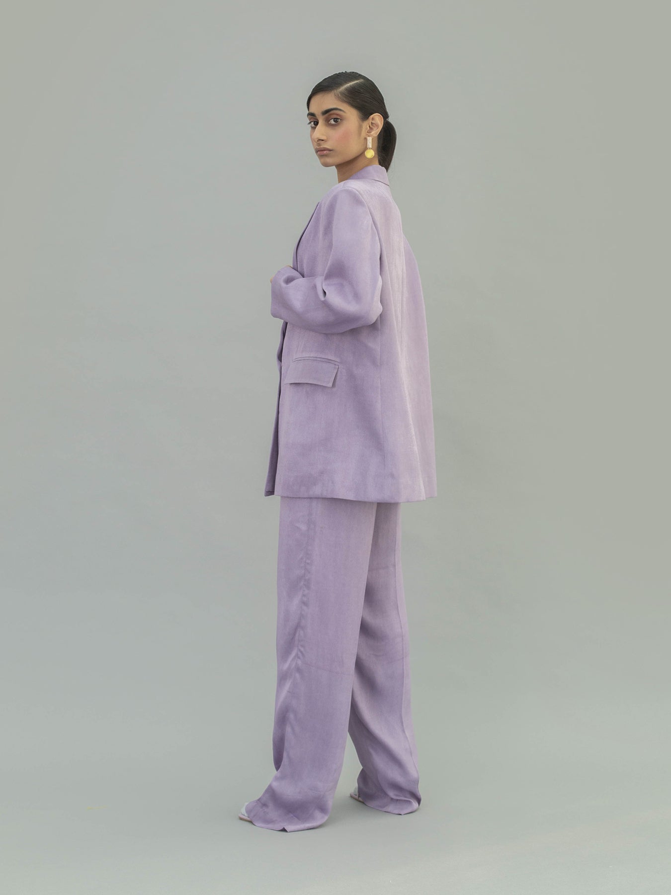 Releve Fashion Narwhal Orange Fibre Fabric Double Breasted Suit Jacket in Lilac Sustainable Luxury Fashion Conscious Clothing Ethical Designer Brand Artisanal Handcrafted Purchase with Purpose Shop for Good