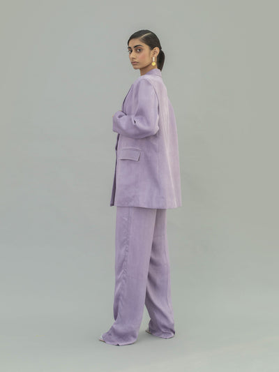 Releve Fashion Narwhal Orange Fibre Fabric Loose Fit Trousers in Lilac Sustainable Luxury Fashion Conscious Clothing Ethical Designer Brand Artisanal Handcrafted Purchase with Purpose Shop for Good
