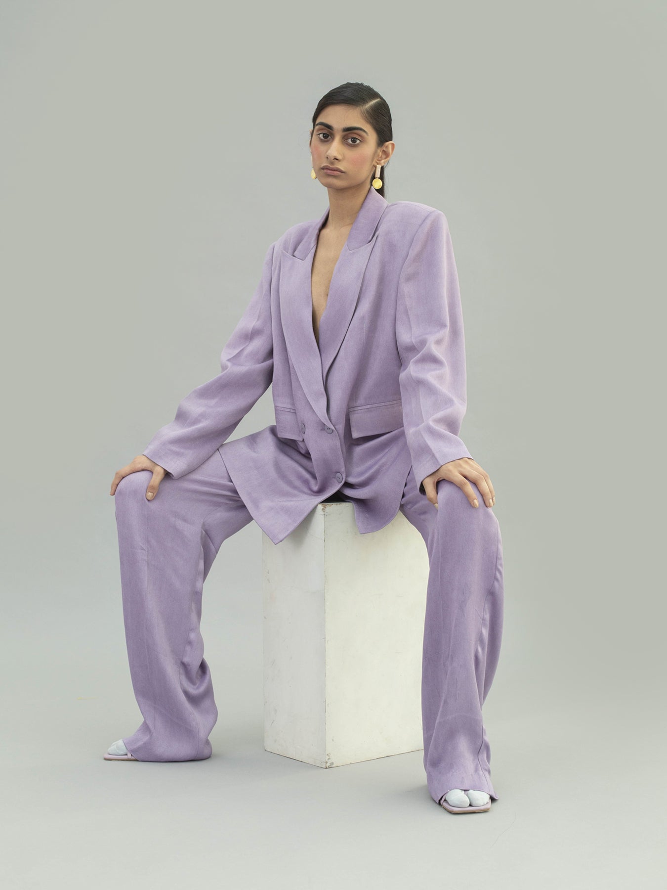 Releve Fashion Narwhal Orange Fibre Fabric Loose Fit Trousers in Lilac Sustainable Luxury Fashion Conscious Clothing Ethical Designer Brand Artisanal Handcrafted Purchase with Purpose Shop for Good