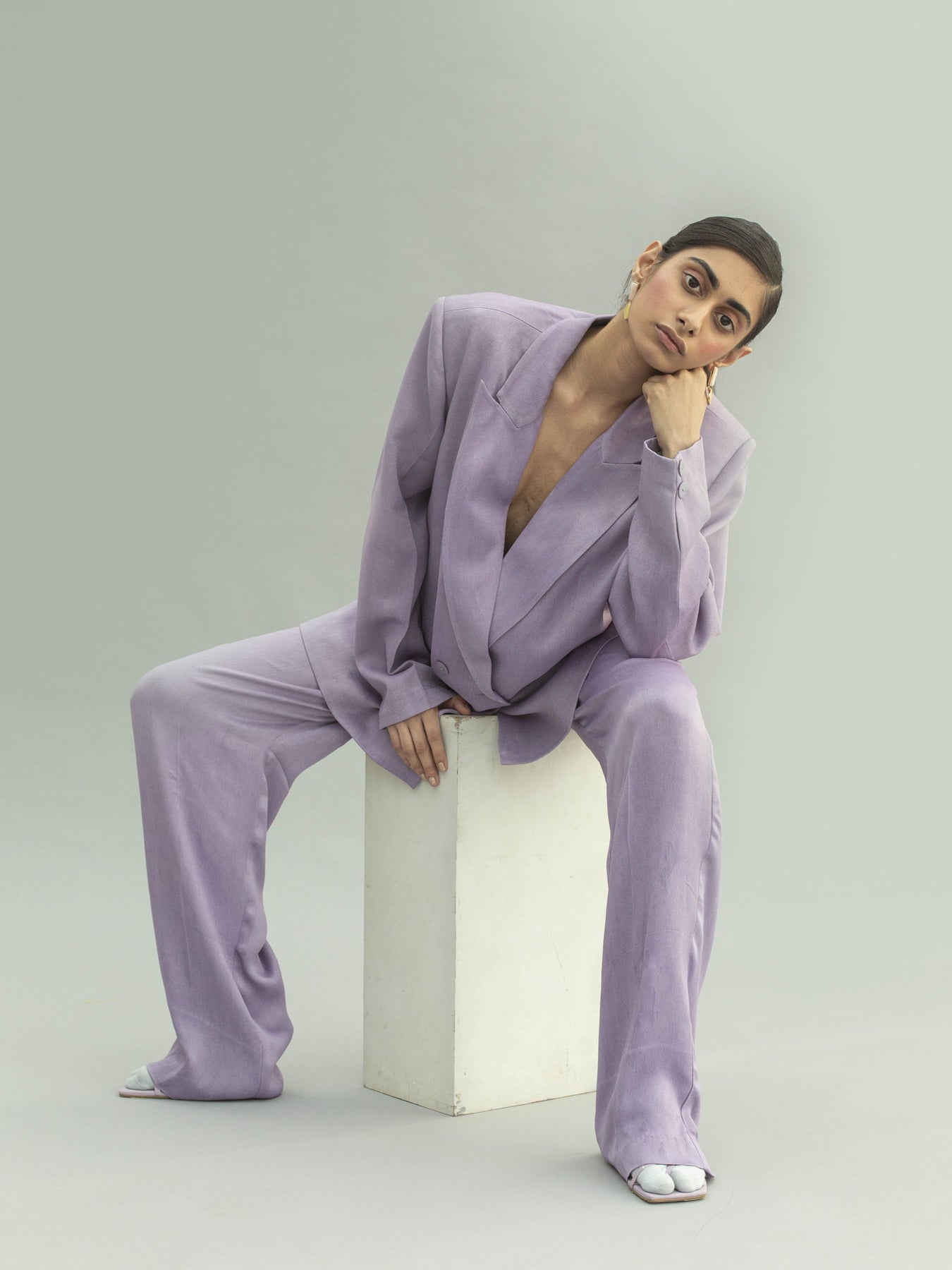 Releve Fashion Narwhal Orange Fibre Fabric Loose Fit Trousers in Lilac Sustainable Luxury Fashion Conscious Clothing Ethical Designer Brand Artisanal Handcrafted Purchase with Purpose Shop for Good