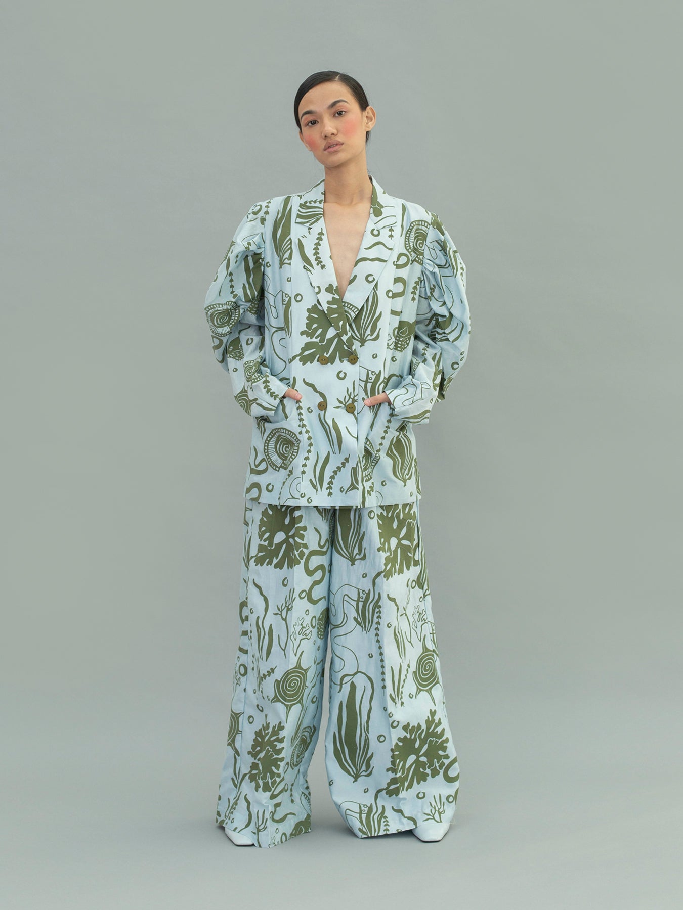 Releve Fashion Aden Double Breasted Suit Jacket with Ocean Print Sustainable Luxury Fashion Conscious Clothing Ethical Designer Brand Artisanal Handcrafted Purchase with Purpose Shop for Good